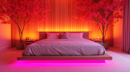 bedroom has a romantic atmosphere with a large bed, glowing pink underlight, red flower trees, and warm orange wall lights