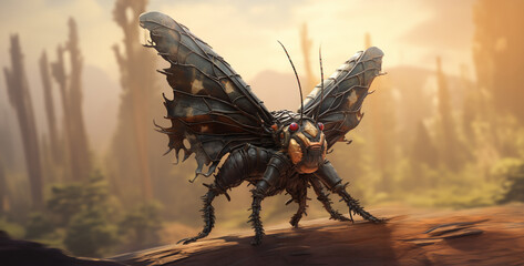 3d illustration of a butterfly in the form of a dragonfly, the butterfly on a rock