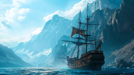 Foto op Canvas majestic old sailing ship cruises through deep blue waters against a backdrop of towering rugged mountains and a bright blue sky © weerasak