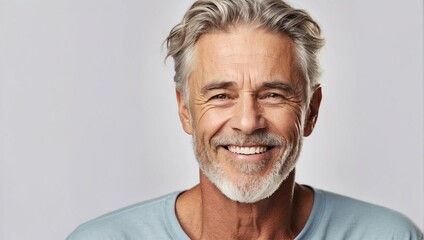 a close-up photo capturing the warm smile of a mature man with clean teeth, perfect for a dental ad. The gentleman features fresh, stylish hair and a well-groomed beard, highlighting a strong jawline - obrazy, fototapety, plakaty