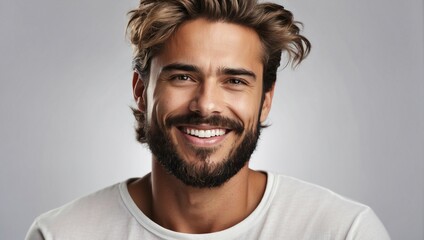 Obraz premium A close-up photo of a handsome man smiling with clean teeth, tailored for a dental ad. The guy exhibits fresh, stylish hair and a well-groomed beard, accentuating a strong jawline