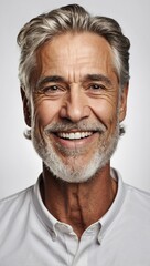 a close-up photo capturing the warm smile of a mature man with clean teeth, perfect for a dental ad. The gentleman features fresh, stylish hair and a well-groomed beard, highlighting a strong jawline