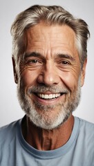 a close-up photo capturing the warm smile of a mature man with clean teeth, perfect for a dental ad. The gentleman features fresh, stylish hair and a well-groomed beard, highlighting a strong jawline