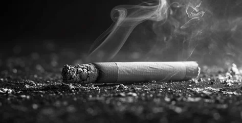 Foto op Canvas Cigarette with smoke on black background. Close-up., cigarette in ashtray, A close-up of a glowing cigarette in an ashtray © Kashif Ali 72