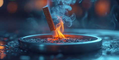 Cigarette with smoke on black background. Close-up., cigarette in ashtray, A close-up of a glowing cigarette in an ashtray