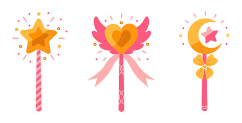 Magic wand vector icon set. Pink sticks with shining crescent moon, gold star, heart and wings. Sparking tools for a wizard, fairy, kid princess. Colorful toys for tricks, wishes. Flat cartoon clipart
