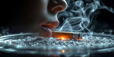 Close up of smoking woman's lips with cigarette in ashtray, burning cigarette in the smoke - obrazy, fototapety, plakaty