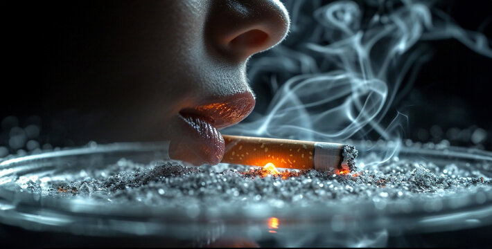 Close up of smoking woman's lips with cigarette in ashtray, burning cigarette in the smoke