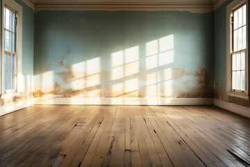 Minimal style interior old room modern blue, brown wall paint peeling off in sheets. Decayed, brown wooden floor. Sunlight shines through window and inside shadows. Background Abstract Texture. 