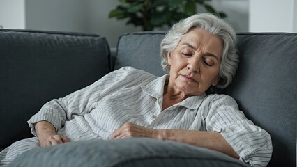 An elderly woman is sleeping on a gray couch.
