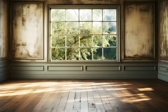 Minimal style interior old empty room and window modern brown. green trees outside are blurred. Brown wooden floor. Sunlight shines through window and inside shadows. Background Abstract Texture