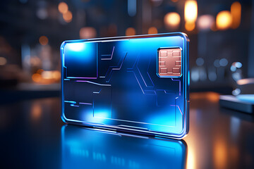 Holographic of digital dark blue credit card display blue background. Technology Online credit card payment for purchases from online stores and online shopping.  Realistic clipart template pattern.