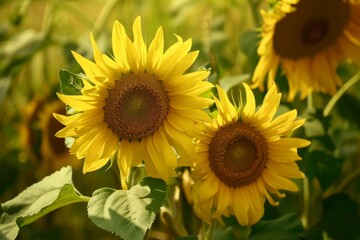 In a high-angle close-up, sunflowers reveal their soft yellow petals and lush green leaves, offering a detailed and intricate perspective of the natural beauty from above.