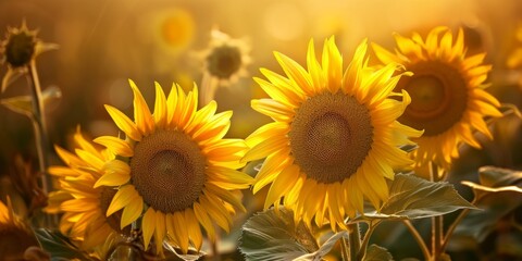 Sunflowers bask in the sunlight, their bright yellow petals illuminated by the warm and golden rays, creating a scene of radiant beauty in nature.
