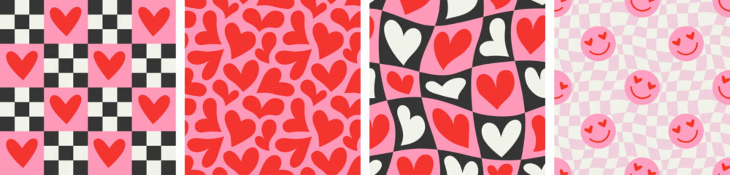 Red love heart seamless pattern illustration set. Cute romantic checkered pink hearts background print collection. Valentine's day holiday backdrop texture, checker board romantic design.	
