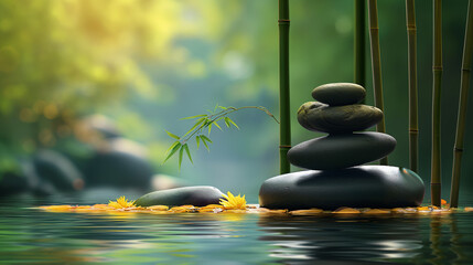 A relaxing image of stones on water with bamboo pillars behind them, background bamboo. Yoga...