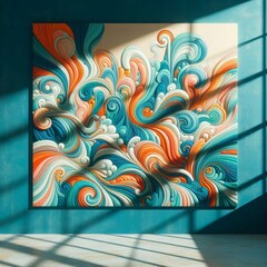 Vibrant orange teal white psychedelic glow minimal abstract background for product presentation, shadow and light from windows on plaster wall
