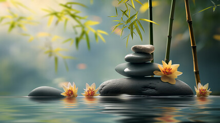 A relaxing image of stones on water with bamboo pillars behind them, background bamboo. Yoga...