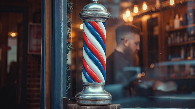Classic Barber Shop Experience: Spinning Barber Pole, Welcoming New Client for a Stylish Haircut