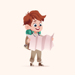 Young boy scout with backpack holdilding road map. Modern cartoon 3D style vector illustration.