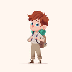 Young boy scout with backpack standing. Modern cartoon 3D style vector illustration.