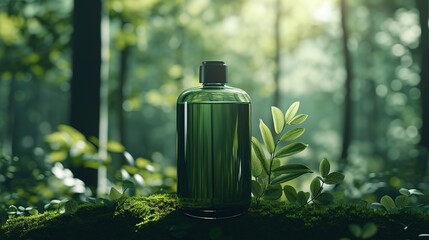 Forest Luxury Background,3d glass bottel Packaging Mockup, Nature Elegance, Ai generated