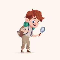 Young boy scout with backpack exploring the world. Modern cartoon 3D style vector illustration.