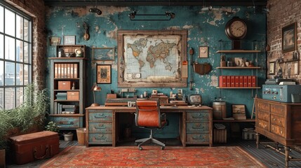 Interior of the room. Eclectic style. Cabinet

