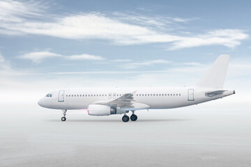 Fototapeta na wymiar White passenger jet plane isolated on bright background with sky