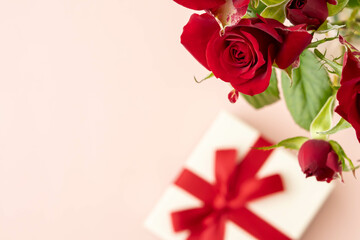 バラとリボンで飾った箱のプレゼントのイメージ