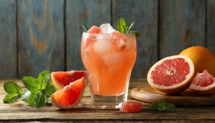 Tasty grapefruit drink with ice in glass and fresh fruits on wooden table