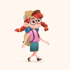 Young girl scout with backpack walking. Modern cartoon 3D style vector illustration.
