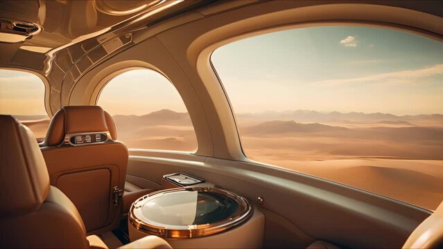The private jets sleek and luxurious interior serves as the perfect contrast to the rugged beauty of a remote historical site seen through the aircrafts large windows. The panoramic view