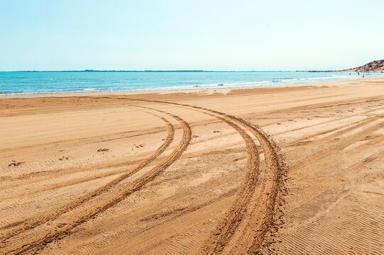 Car tread marks on the beach