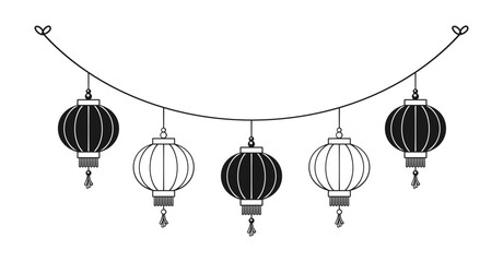 Chinese Lantern Hanging Garland Silhouette, Lunar New Year and Mid-Autumn Festival Decoration Graphic