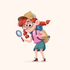 Young girl scout with backpack exploring the world. Modern cartoon 3D style vector illustration.