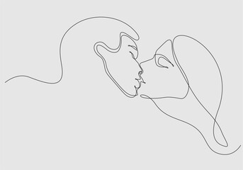 Minimalistic face line illustration of couple kissing. Abstract vector man and woman. Black and white on white background. One line drawing