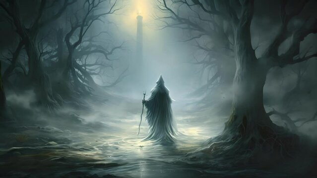 An eerie determined figure strides determinedly through the night a trail of eerie mist swirling behind them and their wand casting a ly visible light.