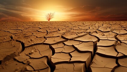Sunset against a backdrop of a withered tree and cracked earth. The concept of climate change and drought. - obrazy, fototapety, plakaty