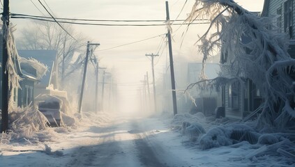 A frozen street with frost-covered trees and houses, pierced by rays of sun through the mist. The concept of a winter morning and frost.