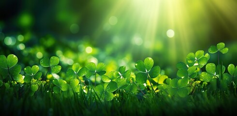 Clover leaves illuminated by sun rays on a dark green background. The concept of Saint Patrick's Day.