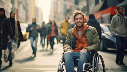 Young white man in a wheelchair against a backdrop of passing people in an urban environment. The concept of accessibility and inclusivity. - obrazy, fototapety, plakaty