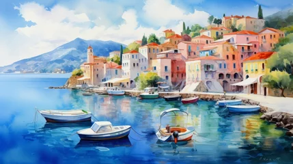 Zelfklevend Fotobehang A beautiful Mediterranean coastal town with colorful houses. landscape watercolor Generative AI © vadosloginov