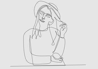 continuous line illustration of woman in hat