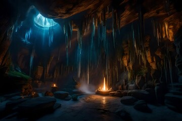 An enchanting fantasy scene set within a mystical cave, illuminated by otherworldly light sources, featuring fantastical elements like glowing crystals, ancient runes, and ethereal mist