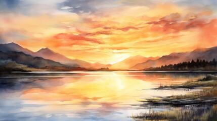 A breathtaking sunset over a calm lake with mountains in the background. landscape watercolor...