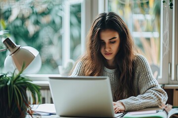 beautiful young woman studying while sitting at table with laptop and notebook computer at home