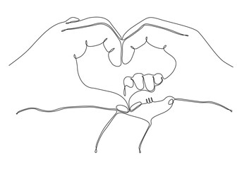continuous line drawing of mother's hand with baby feet concept, maternity family, vector illustration
