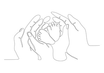 continuous line drawing of mother's hand with baby feet concept, maternity family, vector illustration