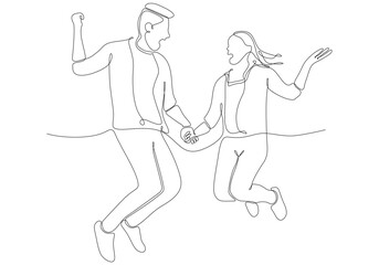 happy jumping couple continuous line drawing